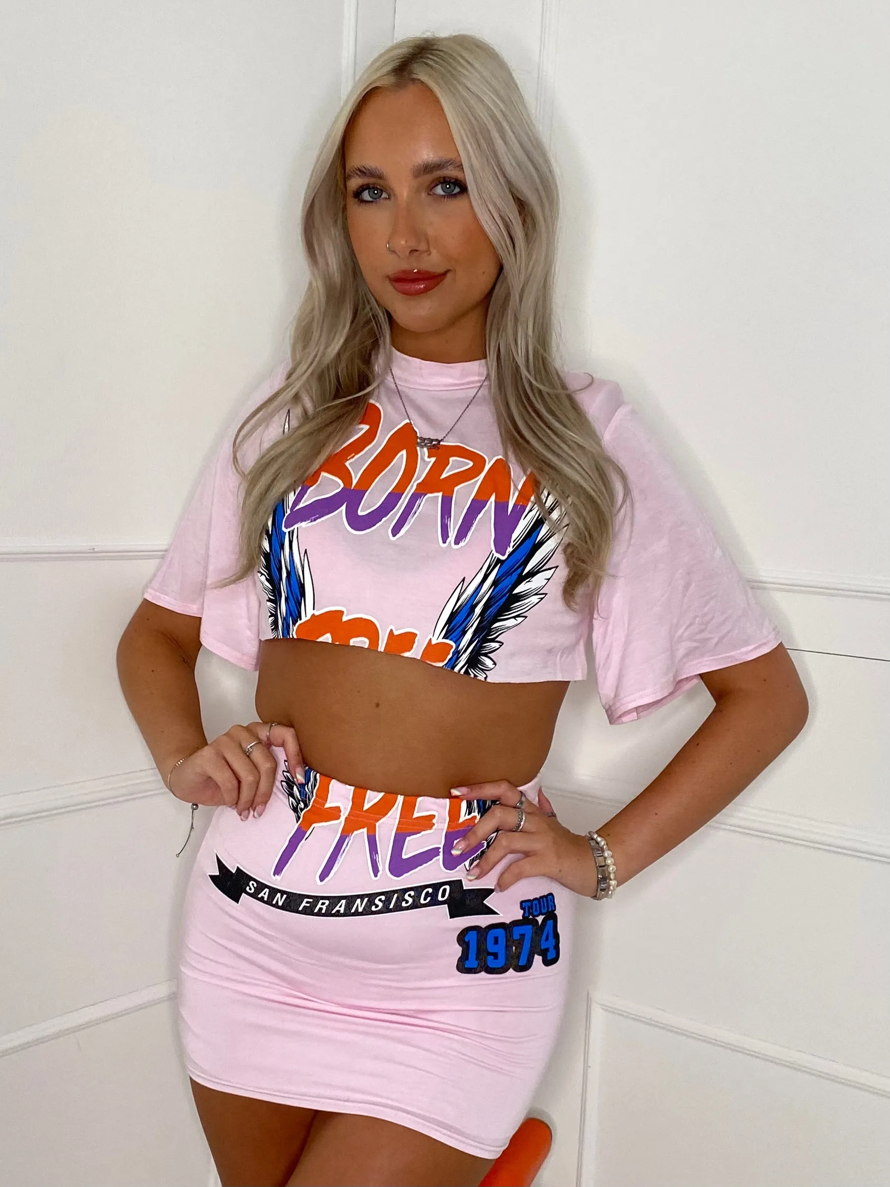 Cropped T-Shirt Co-ord - Baby Pink Born Free Print