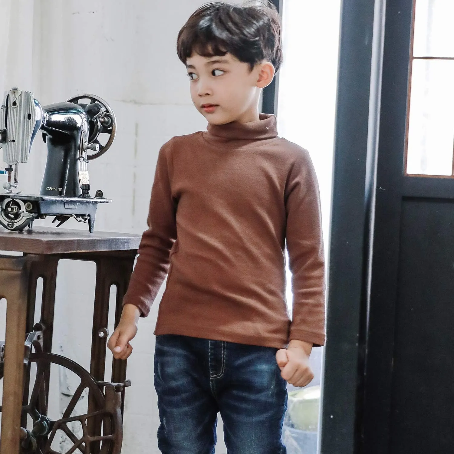 CUNYI Boys Girls Turtleneck Long Sleeve Soft Cotton T-Shirts Solid Color Warm Tee Tops
