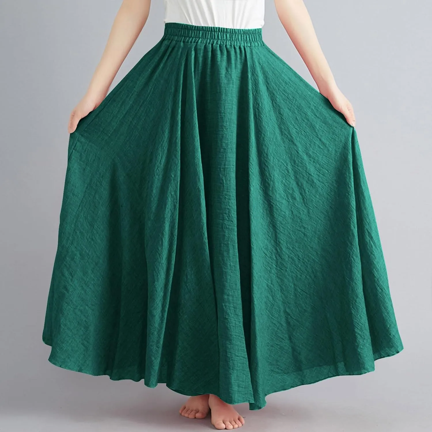 DDAPJ pyju Linen Skirts for Women Summer Bohemian Style Elastic Waist Long Maxi Skirt Loose Flowy Beach Skirt One-Size