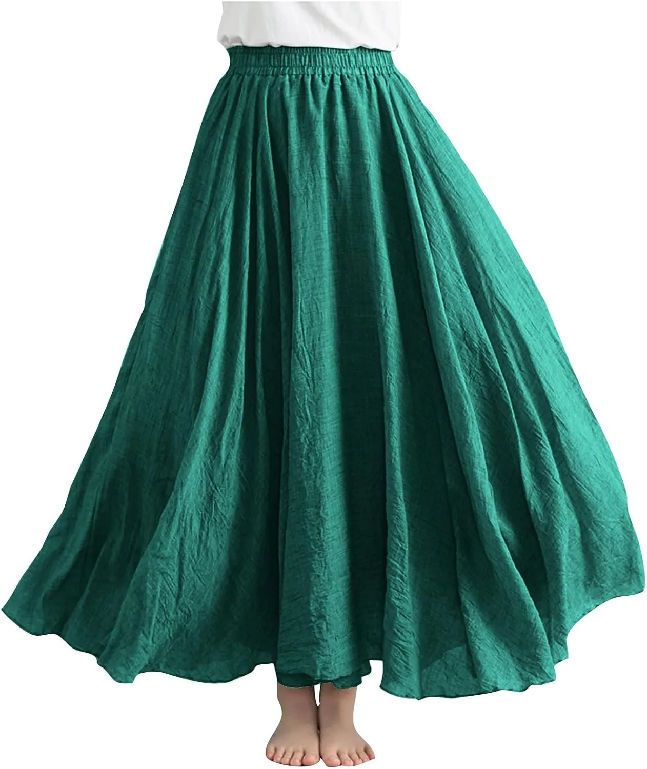 DDAPJ pyju Linen Skirts for Women Summer Bohemian Style Elastic Waist Long Maxi Skirt Loose Flowy Beach Skirt One-Size