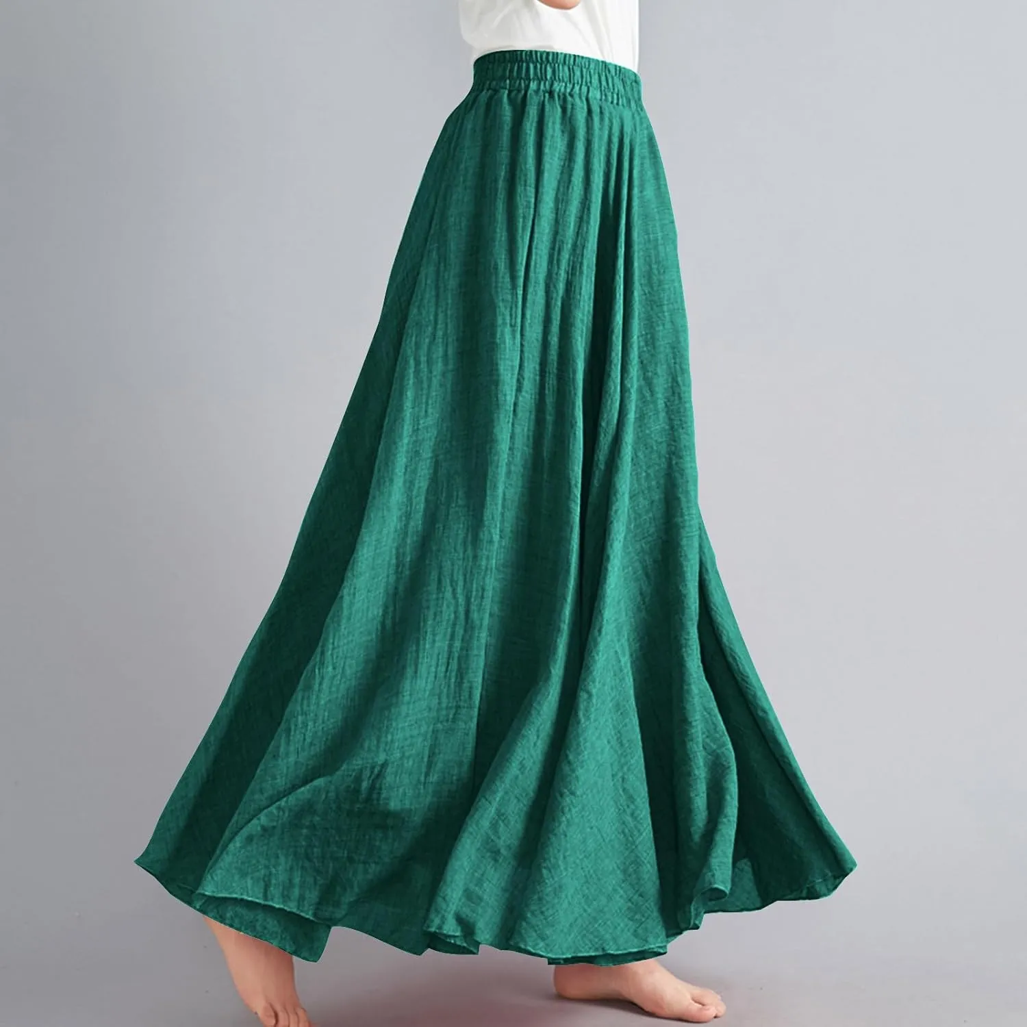 DDAPJ pyju Linen Skirts for Women Summer Bohemian Style Elastic Waist Long Maxi Skirt Loose Flowy Beach Skirt One-Size