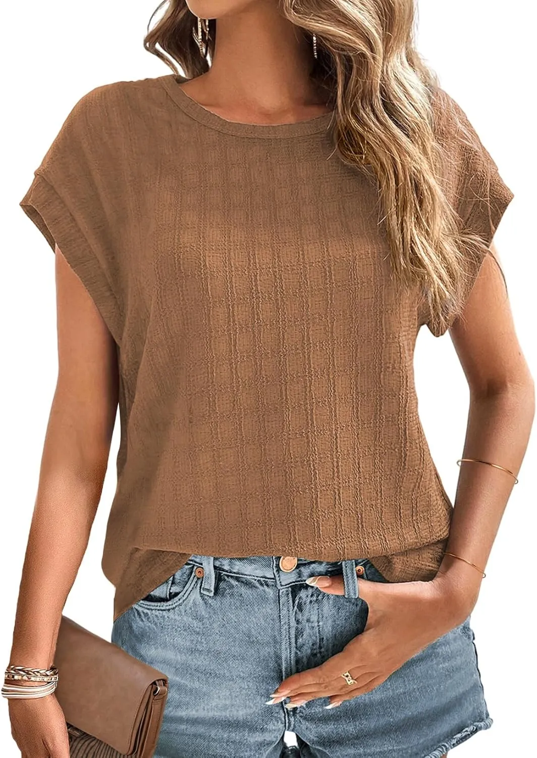 Dokotoo Womens Blouses Summer Casual Cap Short Sleeve Tops Basic Textured Solid Color Round Neck T Shirts Blouse