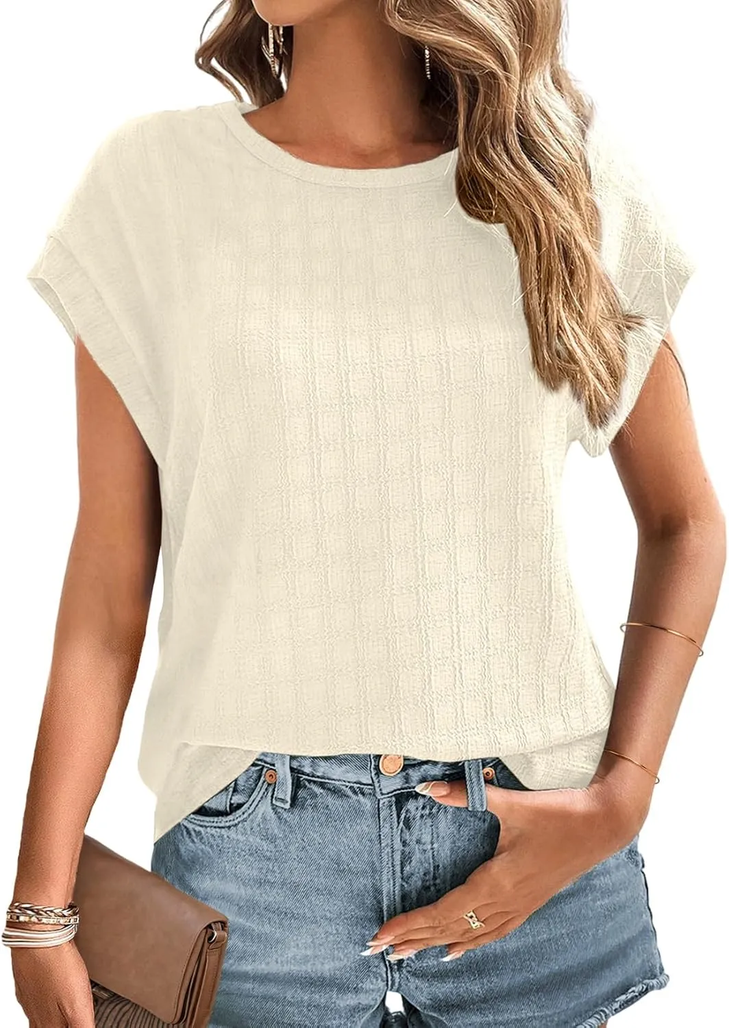 Dokotoo Womens Blouses Summer Casual Cap Short Sleeve Tops Basic Textured Solid Color Round Neck T Shirts Blouse