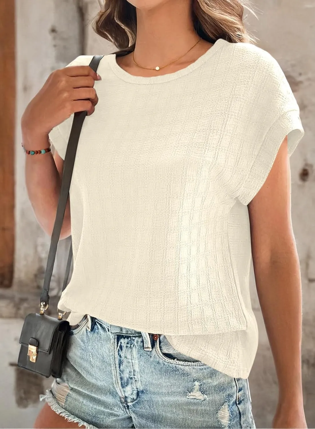 Dokotoo Womens Blouses Summer Casual Cap Short Sleeve Tops Basic Textured Solid Color Round Neck T Shirts Blouse