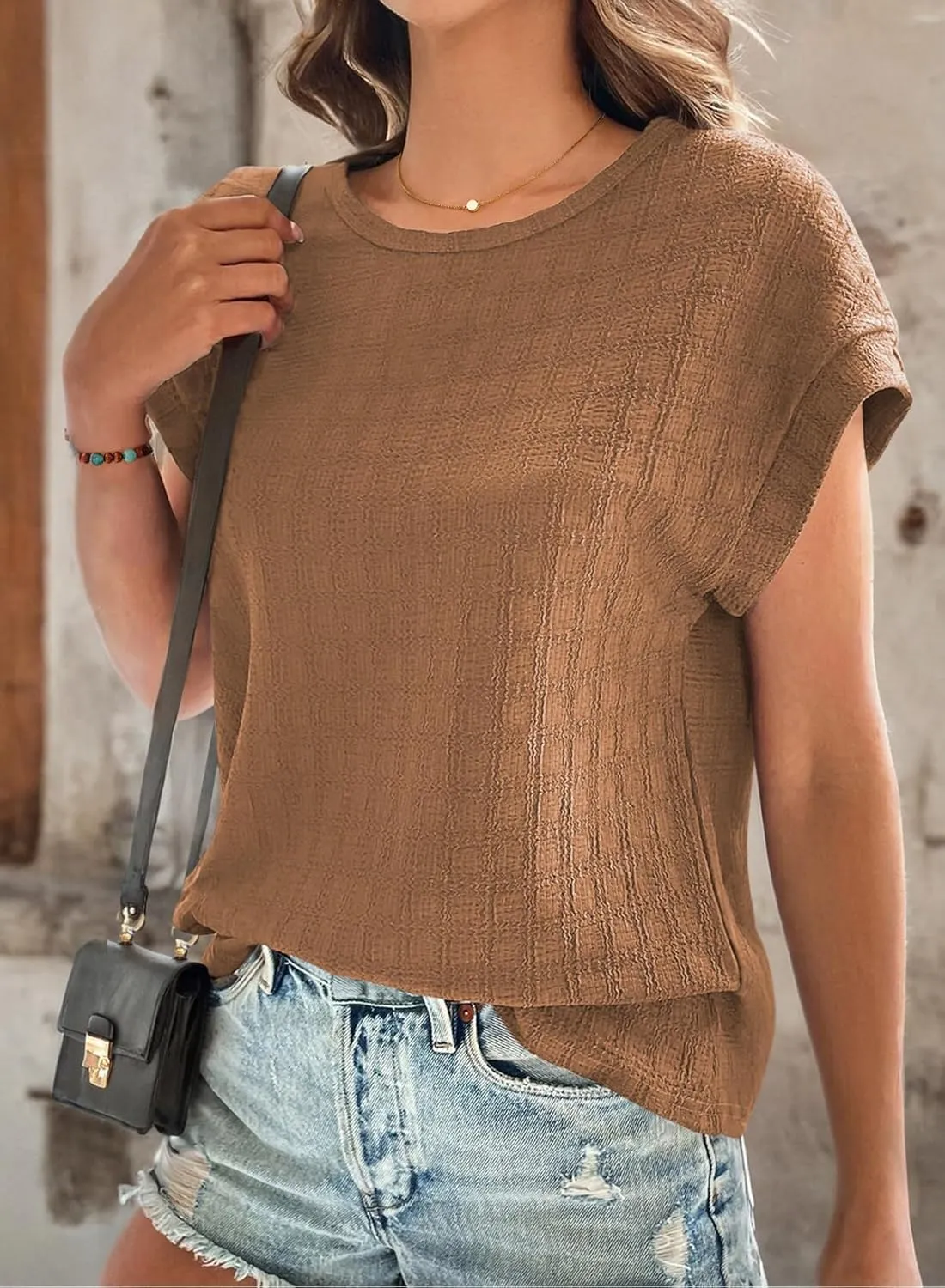 Dokotoo Womens Blouses Summer Casual Cap Short Sleeve Tops Basic Textured Solid Color Round Neck T Shirts Blouse