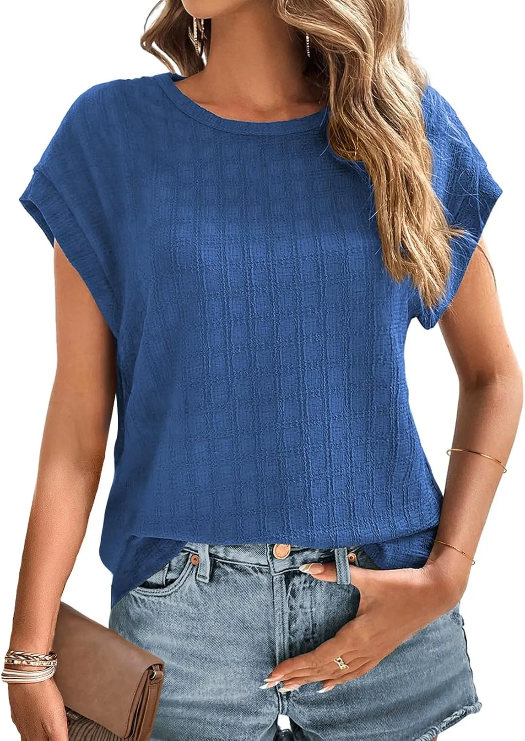 Dokotoo Womens Blouses Summer Casual Cap Short Sleeve Tops Basic Textured Solid Color Round Neck T Shirts Blouse
