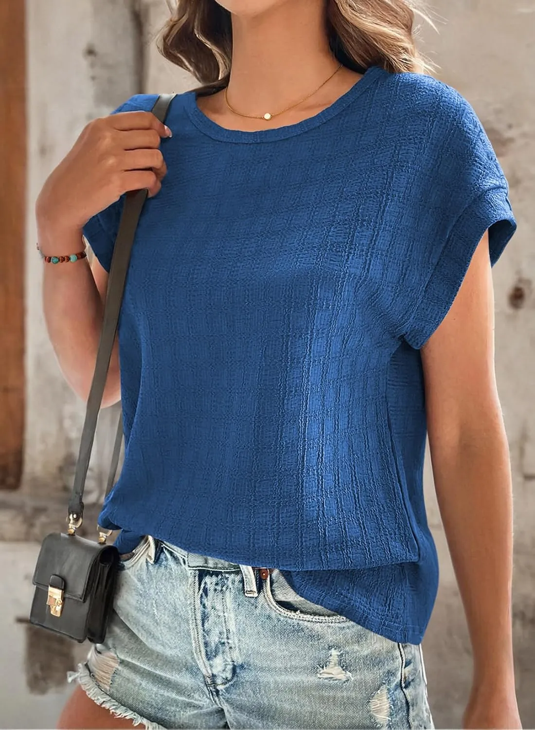 Dokotoo Womens Blouses Summer Casual Cap Short Sleeve Tops Basic Textured Solid Color Round Neck T Shirts Blouse