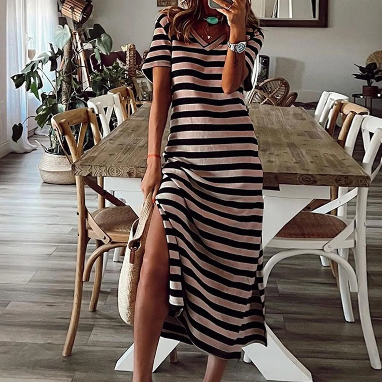 Dresses for Women 2024 Casual Color Block Striped Long Dress Loose V Neck Split Short Sleeve Maxi Dress Summer Dress
