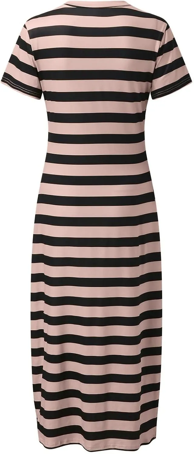 Dresses for Women 2024 Casual Color Block Striped Long Dress Loose V Neck Split Short Sleeve Maxi Dress Summer Dress
