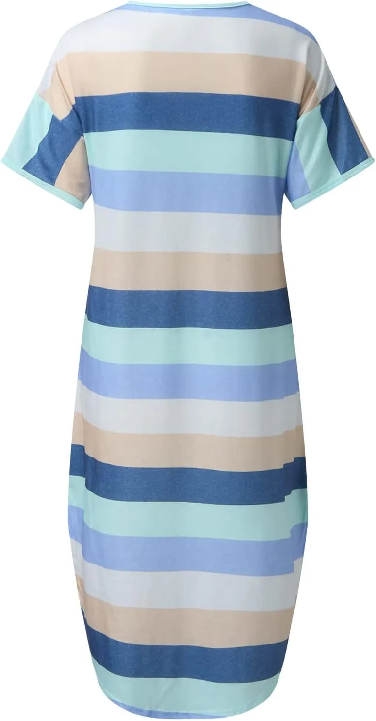 Dresses for Women 2024 Casual Loose V Neck Short Sleeve Midi Dress Striped Color Block Maternity Dress Summer Dress