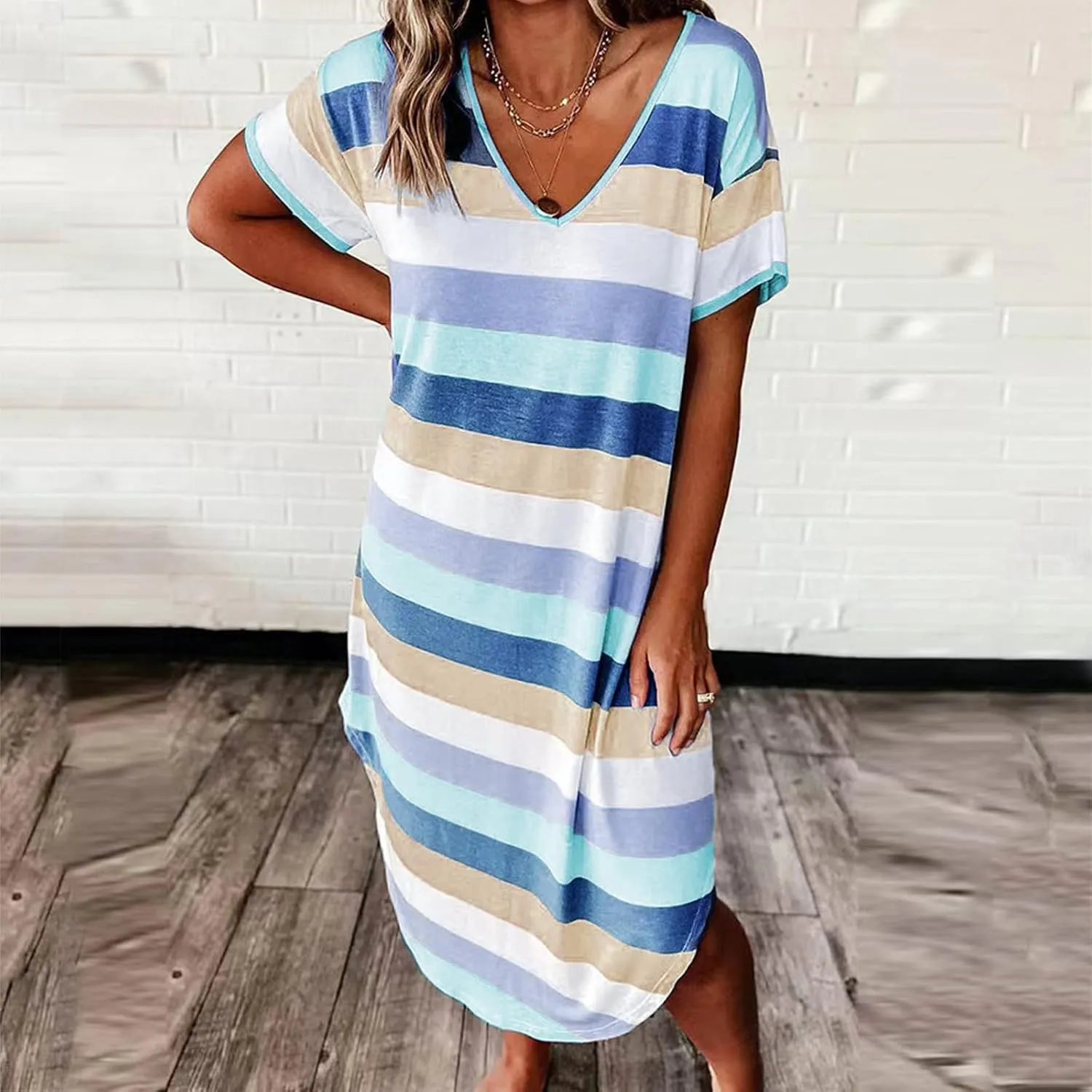 Dresses for Women 2024 Casual Loose V Neck Short Sleeve Midi Dress Striped Color Block Maternity Dress Summer Dress