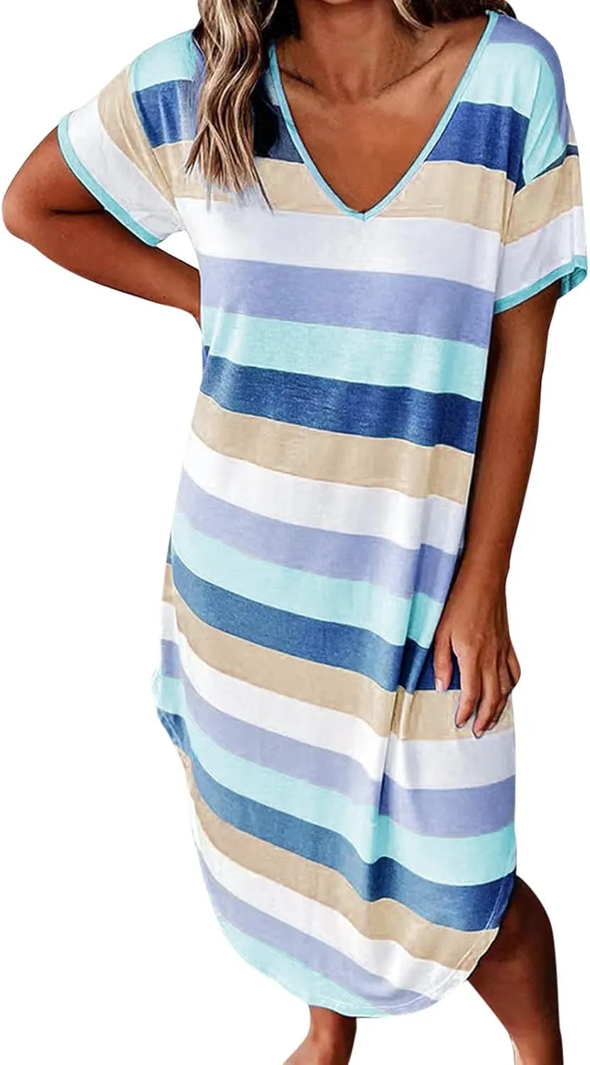 Dresses for Women 2024 Casual Loose V Neck Short Sleeve Midi Dress Striped Color Block Maternity Dress Summer Dress