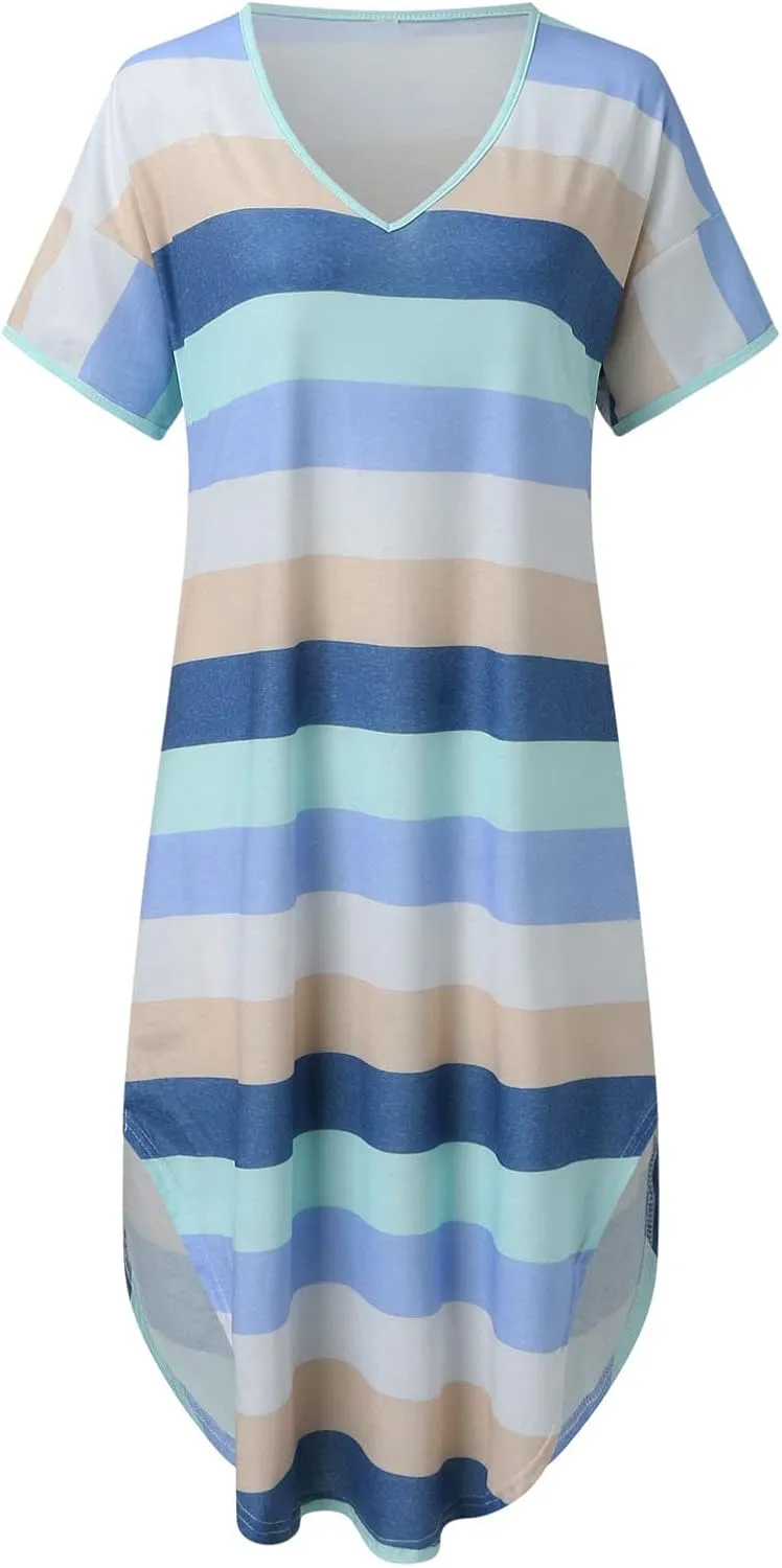 Dresses for Women 2024 Casual Loose V Neck Short Sleeve Midi Dress Striped Color Block Maternity Dress Summer Dress