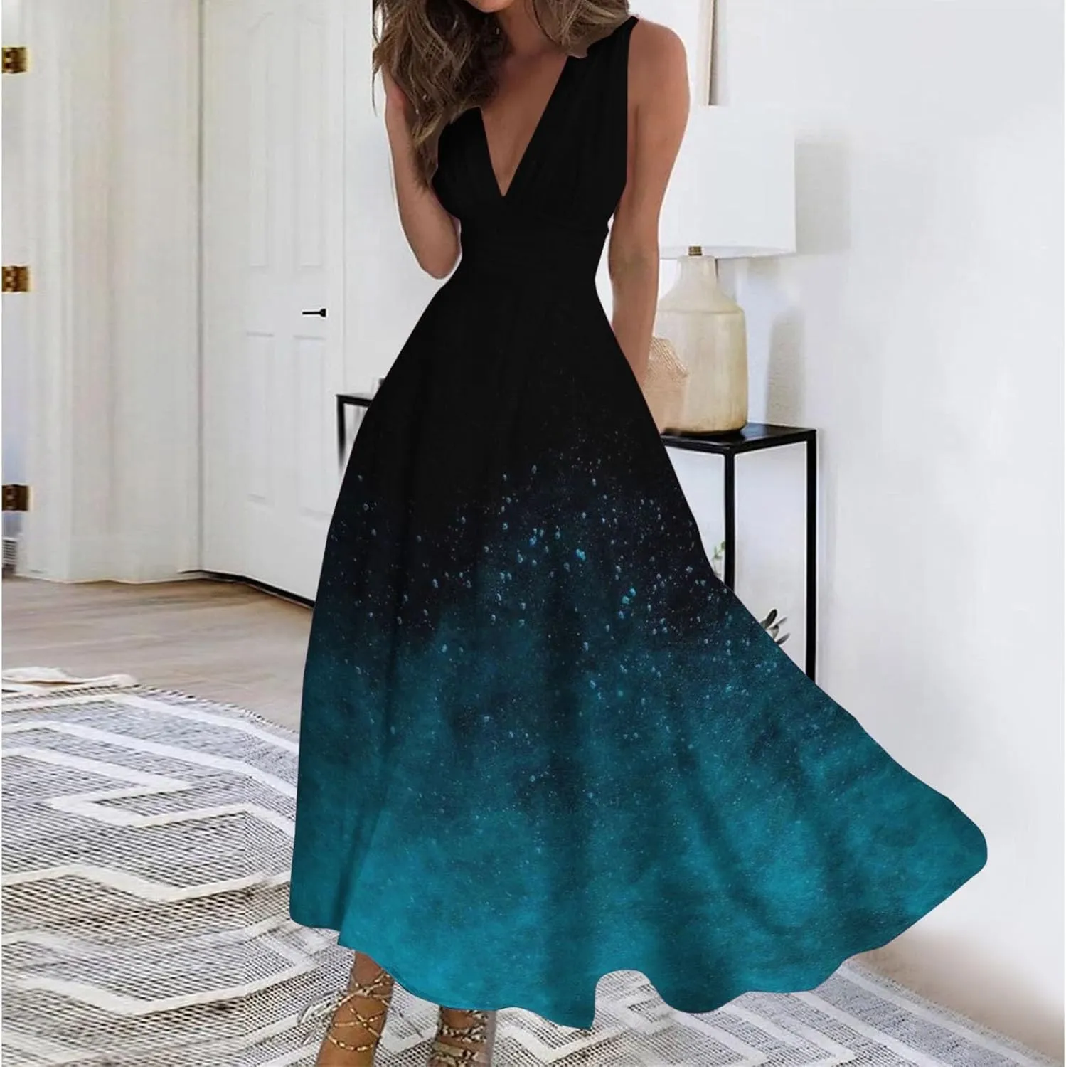 Dresses for Women 2024 Casual Printed Deep V Neck Sundress Elegant High Waist Flowy Swing Maxi Dresses Summer Dress