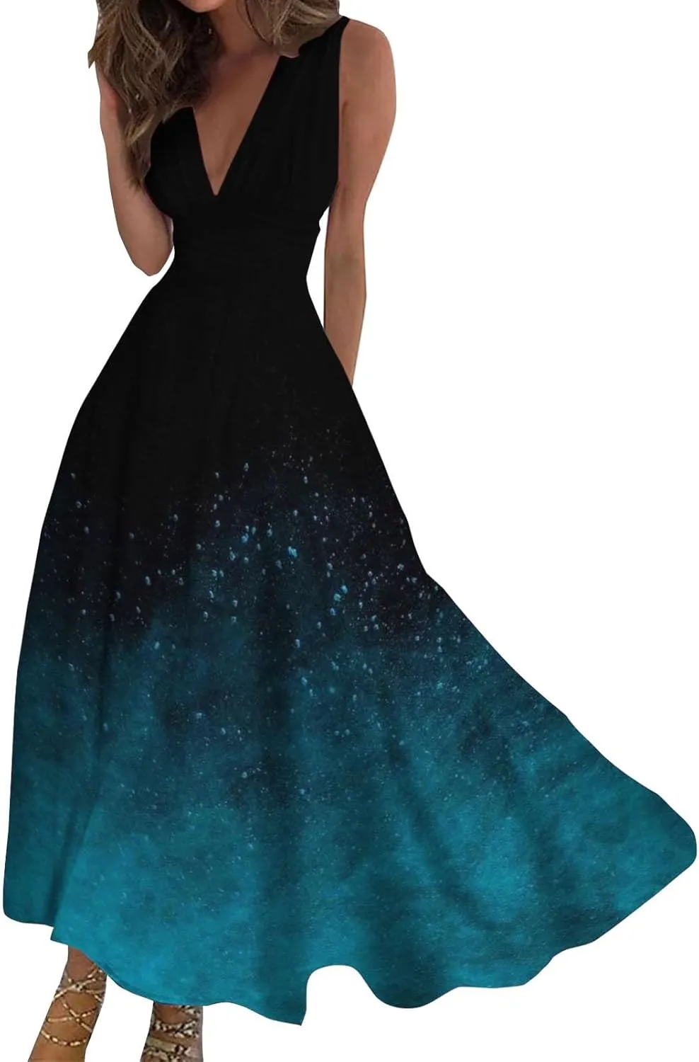 Dresses for Women 2024 Casual Printed Deep V Neck Sundress Elegant High Waist Flowy Swing Maxi Dresses Summer Dress