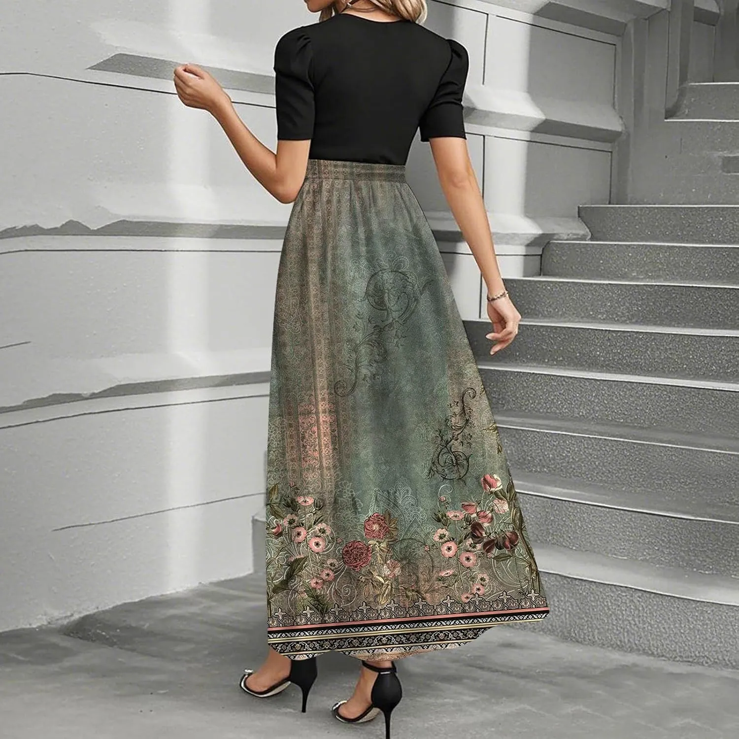 Dresses for Women 2025 Short Sleeve Round Neck Knee Length Dress Long Flowy Beach Dresses