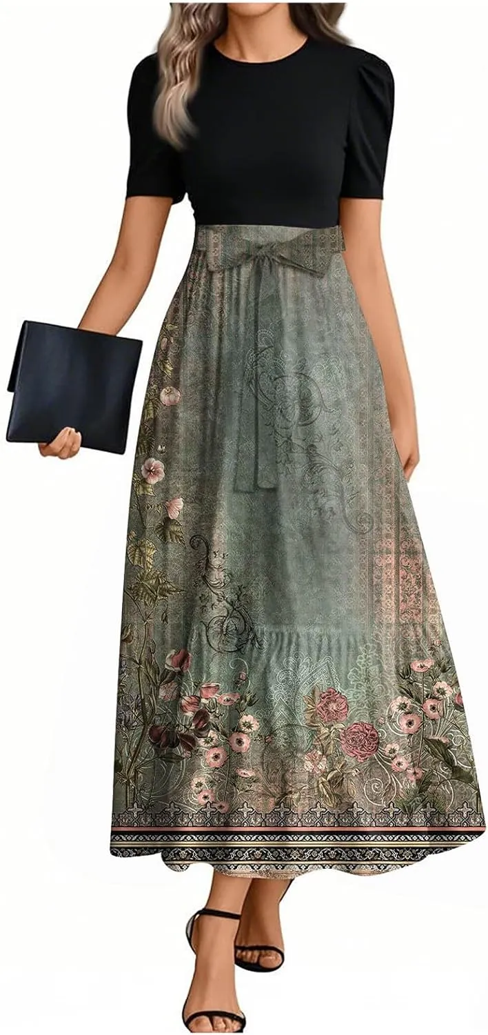Dresses for Women 2025 Short Sleeve Round Neck Knee Length Dress Long Flowy Beach Dresses