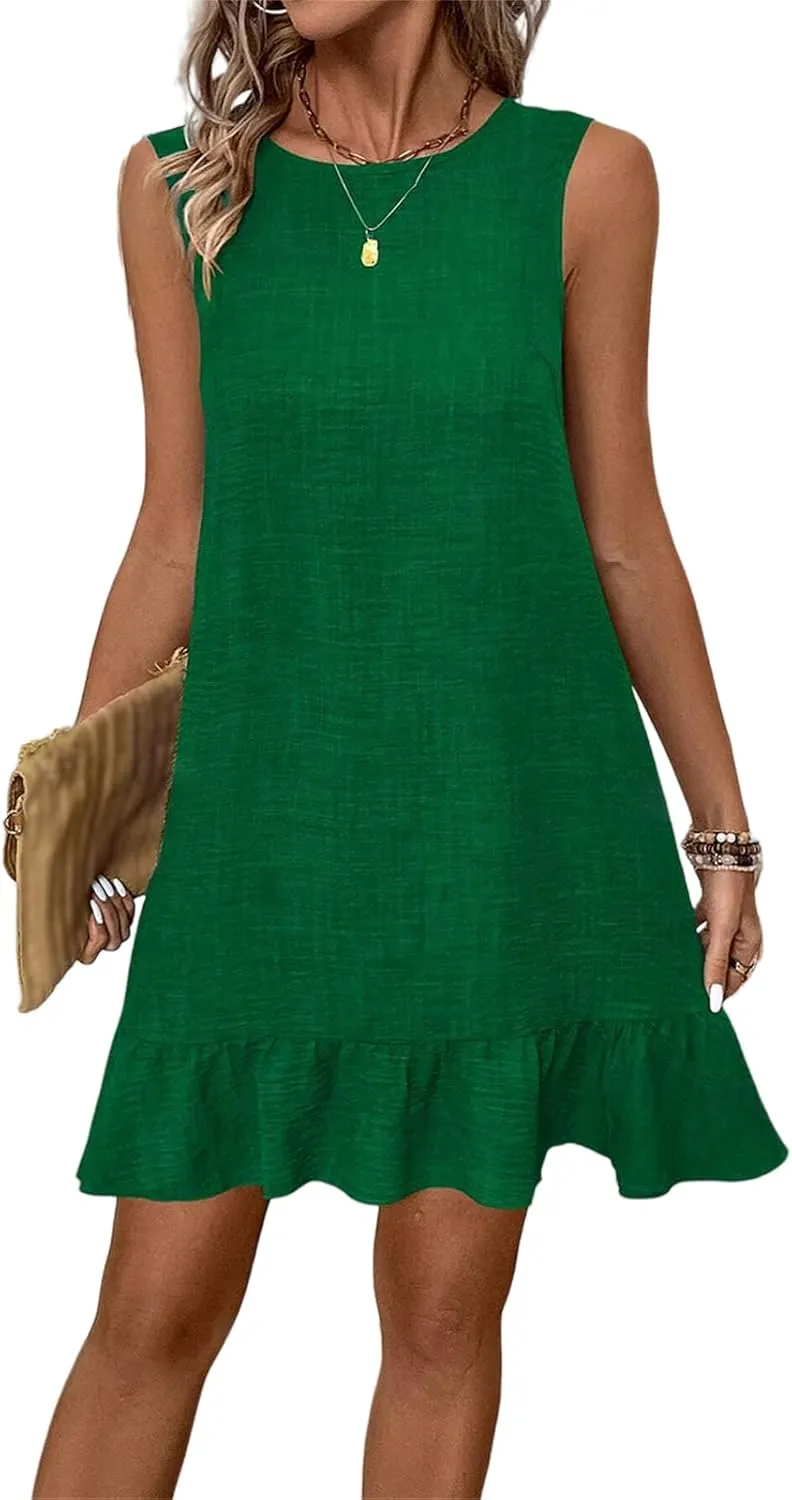 Dresses for Women 2025 Summer Sleeveless Mini Dress Round Neck Ruffle Hem Dresses Back Tie Vacation Casual Dress