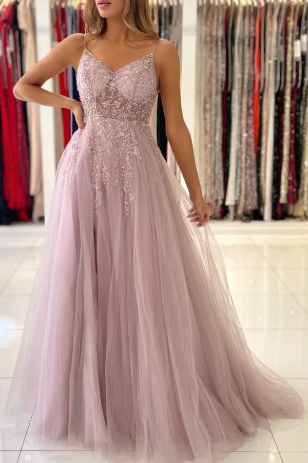 Dusty Pink Long A-line V-neck Tulle Glitter Prom Dress with Slit