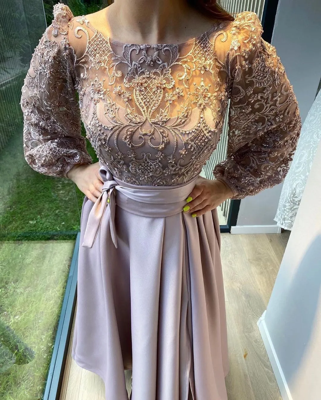 Elegant A-line Stretch Satin Front Slit Prom Dress with Sleeves