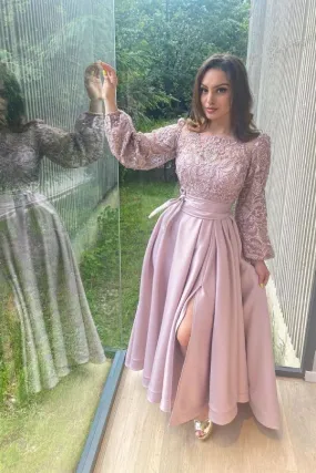 Elegant A-line Stretch Satin Front Slit Prom Dress with Sleeves