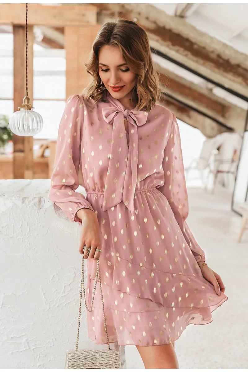 Elegant Dot Print Bow Tie Vintage Ruffle Asymmetrical Short Office Sundress