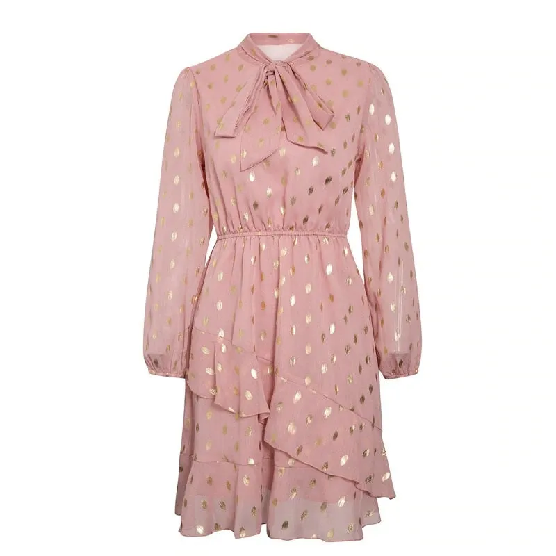 Elegant Dot Print Bow Tie Vintage Ruffle Asymmetrical Short Office Sundress