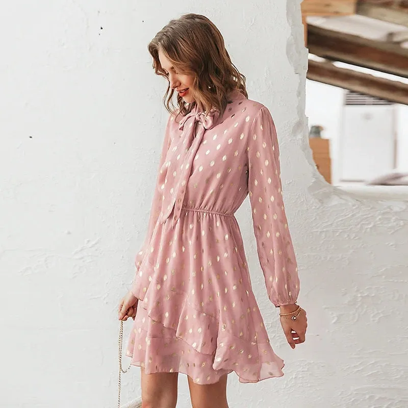 Elegant Dot Print Bow Tie Vintage Ruffle Asymmetrical Short Office Sundress
