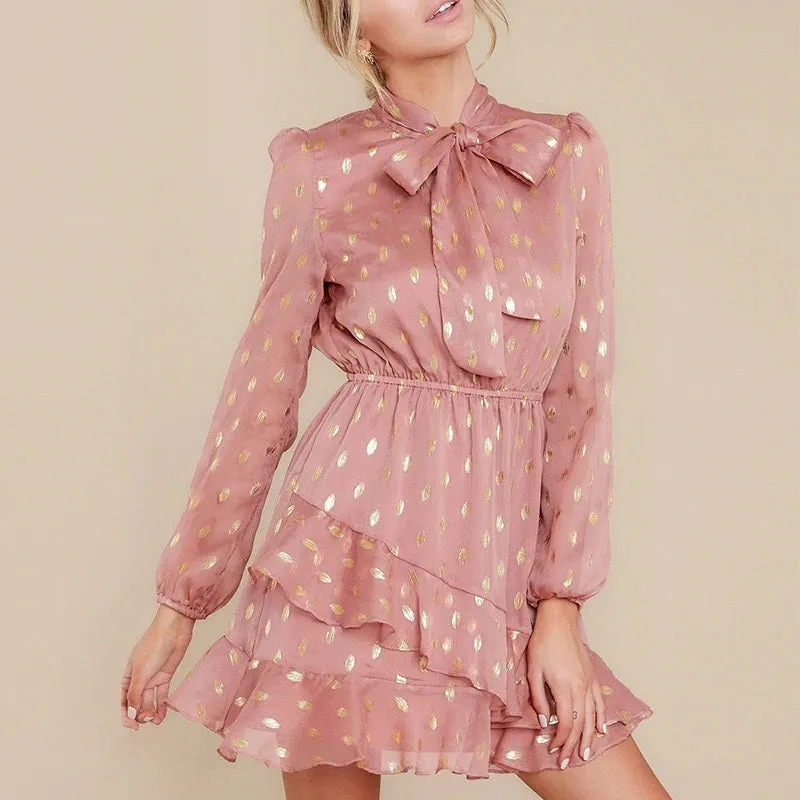 Elegant Dot Print Bow Tie Vintage Ruffle Asymmetrical Short Office Sundress