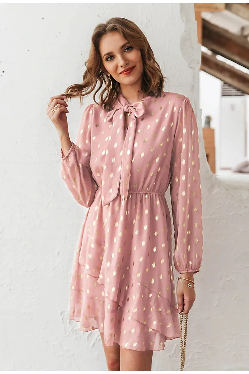 Elegant Dot Print Bow Tie Vintage Ruffle Asymmetrical Short Office Sundress