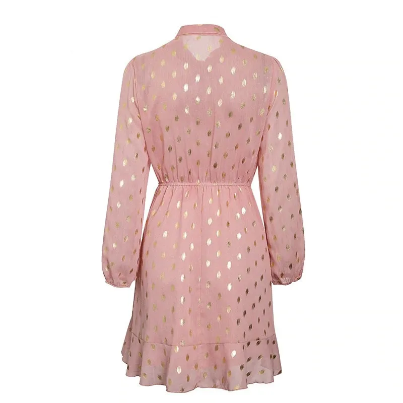 Elegant Dot Print Bow Tie Vintage Ruffle Asymmetrical Short Office Sundress