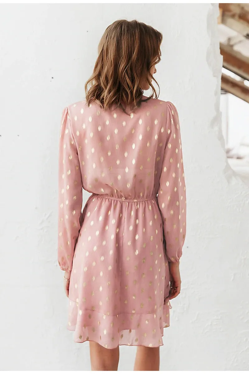 Elegant Dot Print Bow Tie Vintage Ruffle Asymmetrical Short Office Sundress