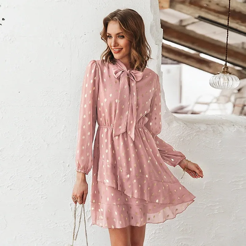 Elegant Dot Print Bow Tie Vintage Ruffle Asymmetrical Short Office Sundress
