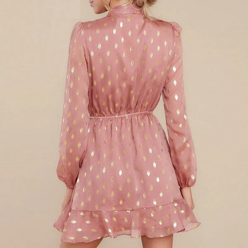 Elegant Dot Print Bow Tie Vintage Ruffle Asymmetrical Short Office Sundress