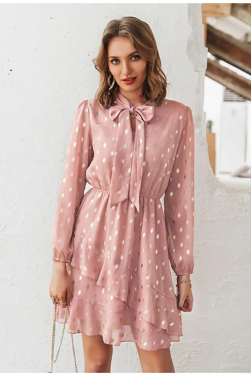 Elegant Dot Print Bow Tie Vintage Ruffle Asymmetrical Short Office Sundress