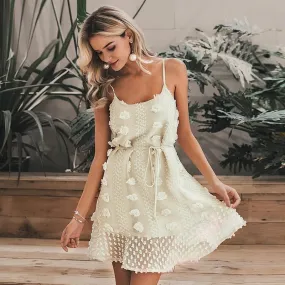 Elegant Flower Embroidery Short Sexy Spaghetti Strap Summer Sundress Lace Up Short Beach Dress