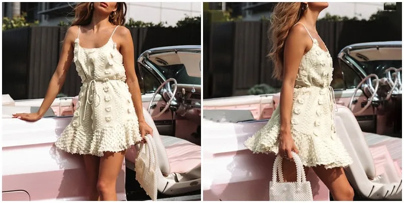 Elegant Flower Embroidery Short Sexy Spaghetti Strap Summer Sundress Lace Up Short Beach Dress