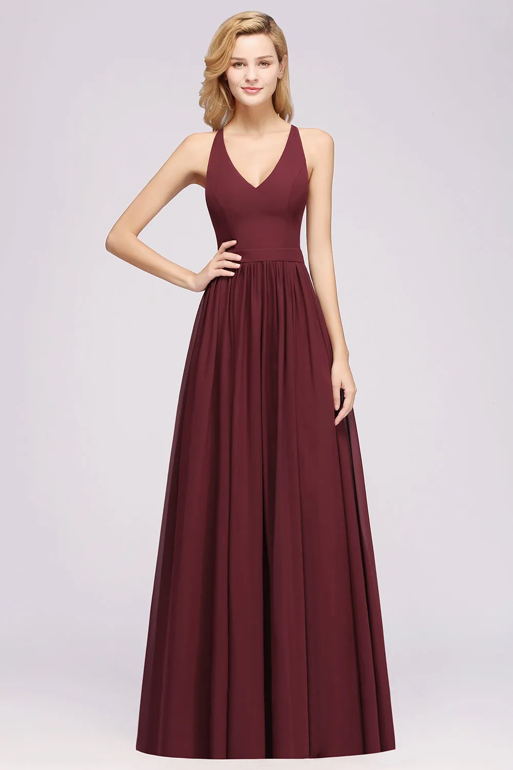 Elegant Long A-line Chiffon V-Neck Chiffon Bridesmaid Dress