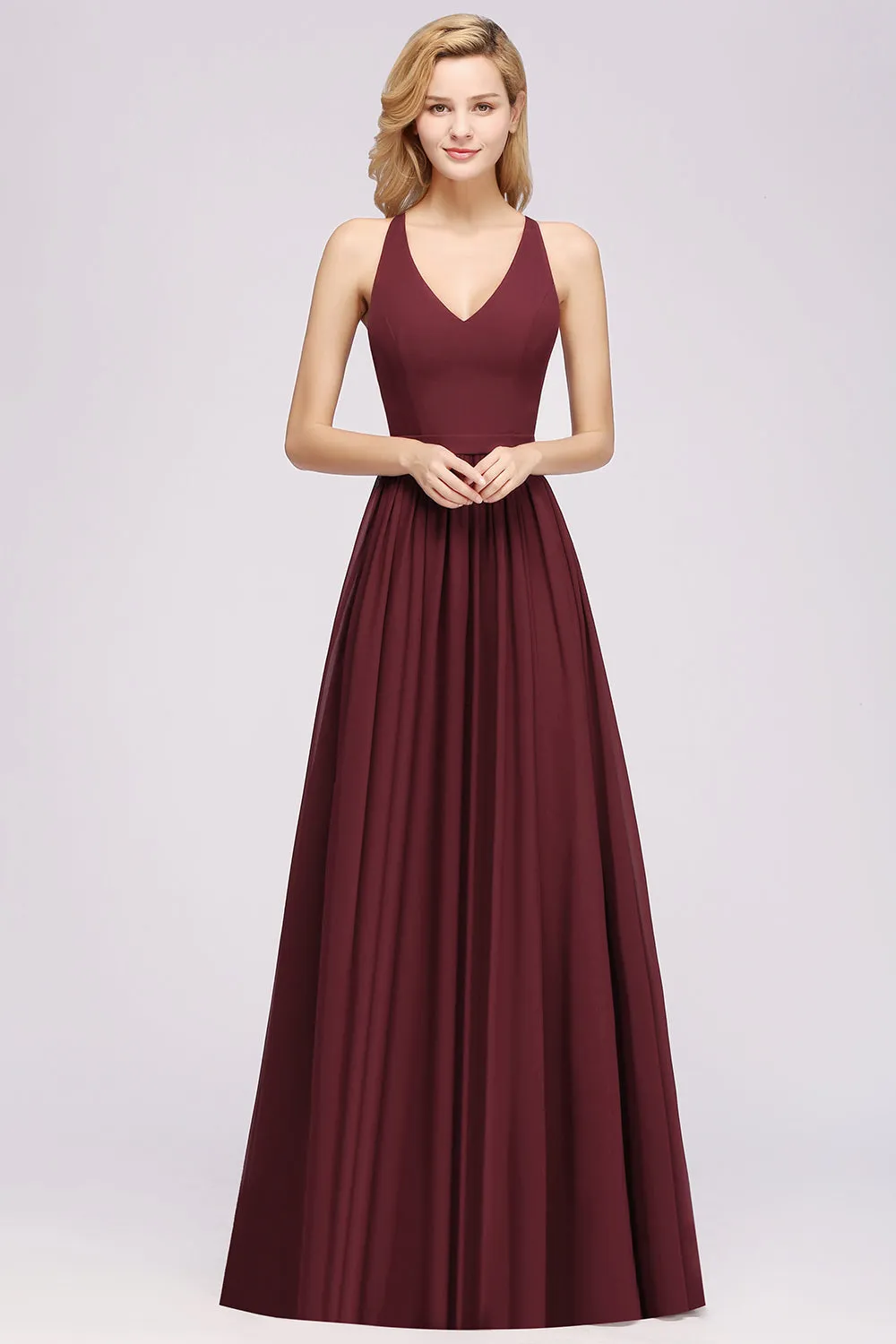 Elegant Long A-line Chiffon V-Neck Chiffon Bridesmaid Dress