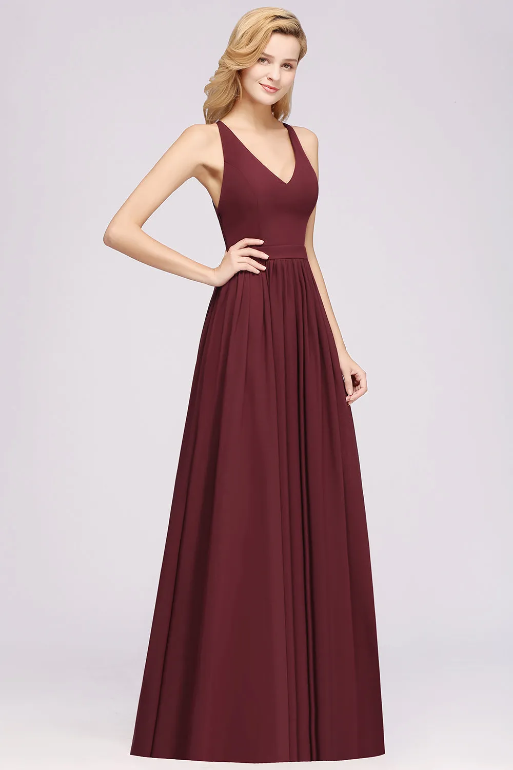 Elegant Long A-line Chiffon V-Neck Chiffon Bridesmaid Dress