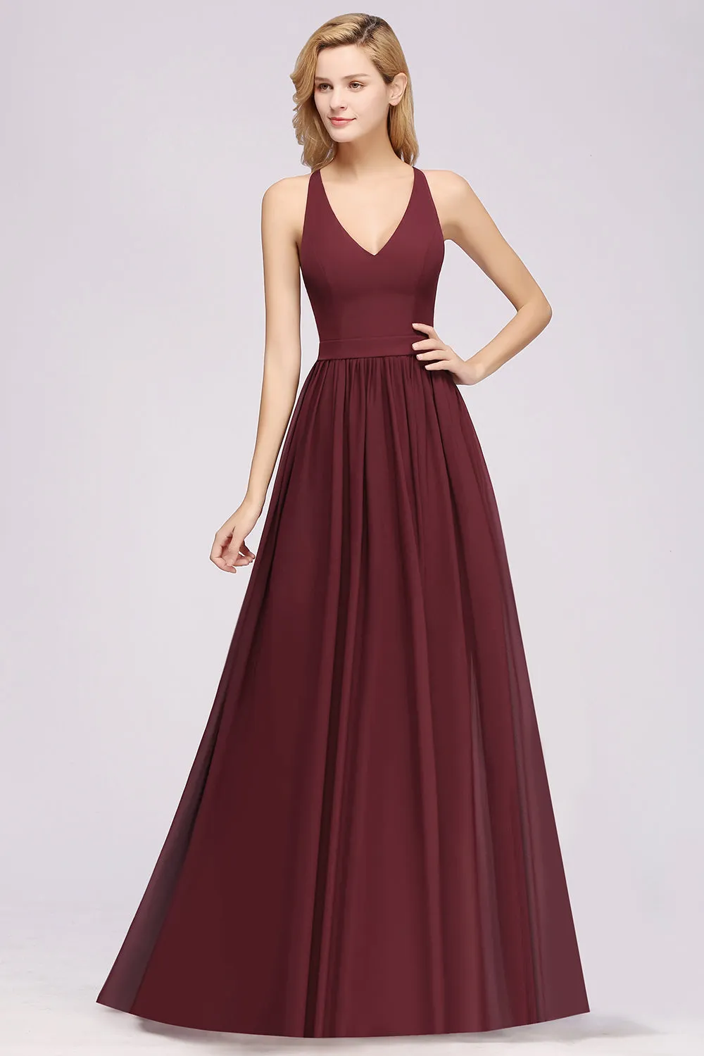 Elegant Long A-line Chiffon V-Neck Chiffon Bridesmaid Dress
