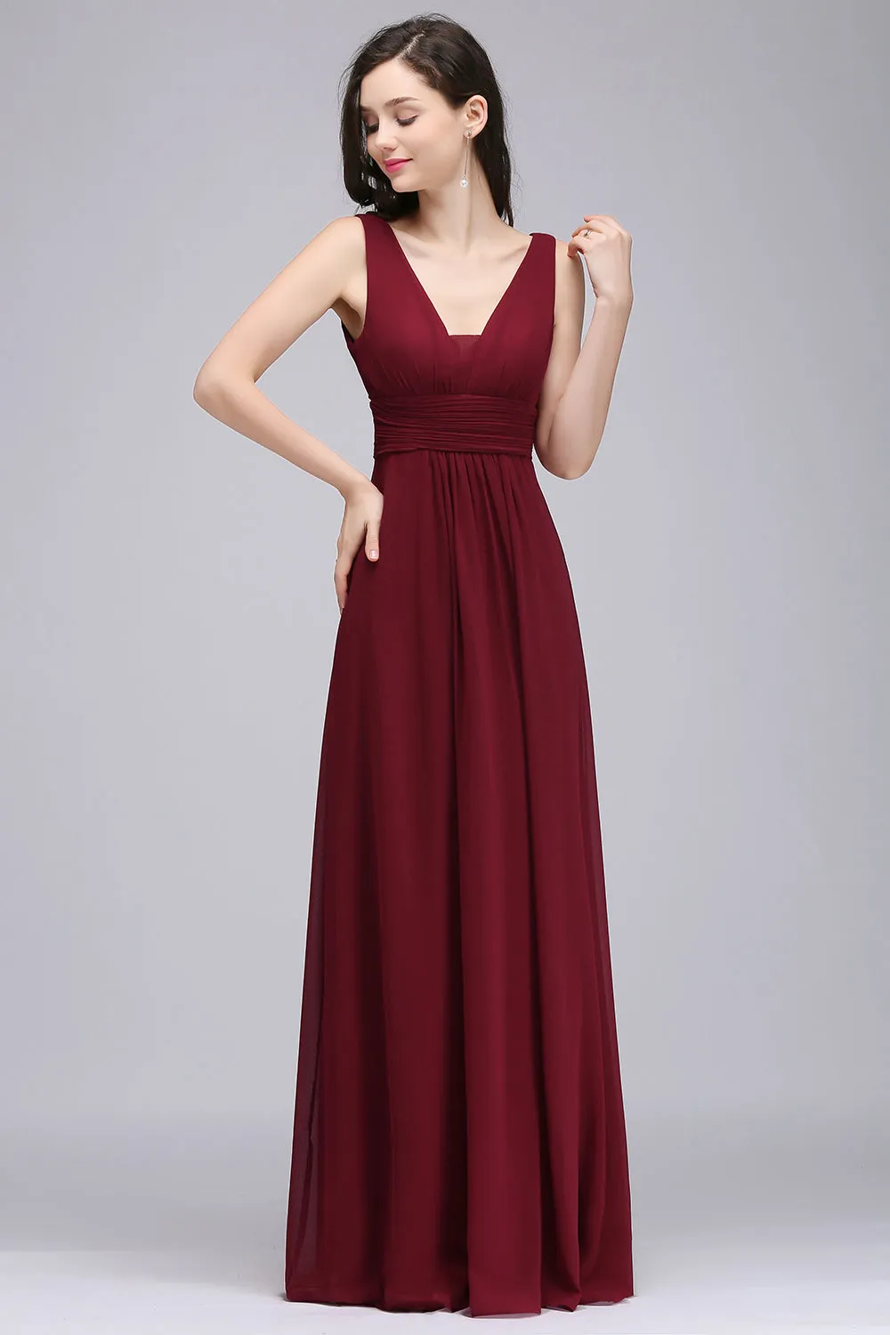 Elegant Long A-Line Chiffon V-Neck Sleeveless Ruffles Bridesmaid Dresses