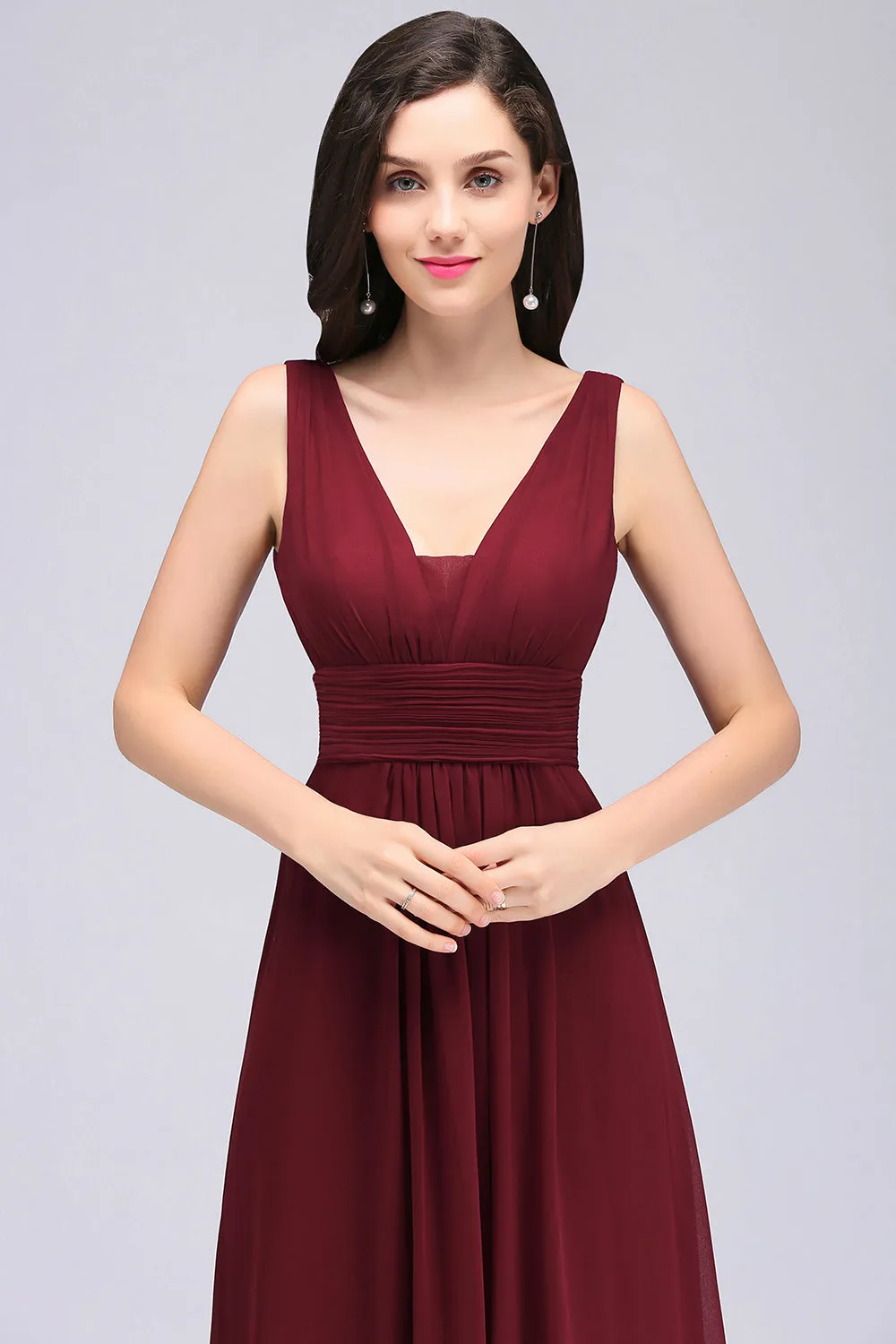 Elegant Long A-Line Chiffon V-Neck Sleeveless Ruffles Bridesmaid Dresses