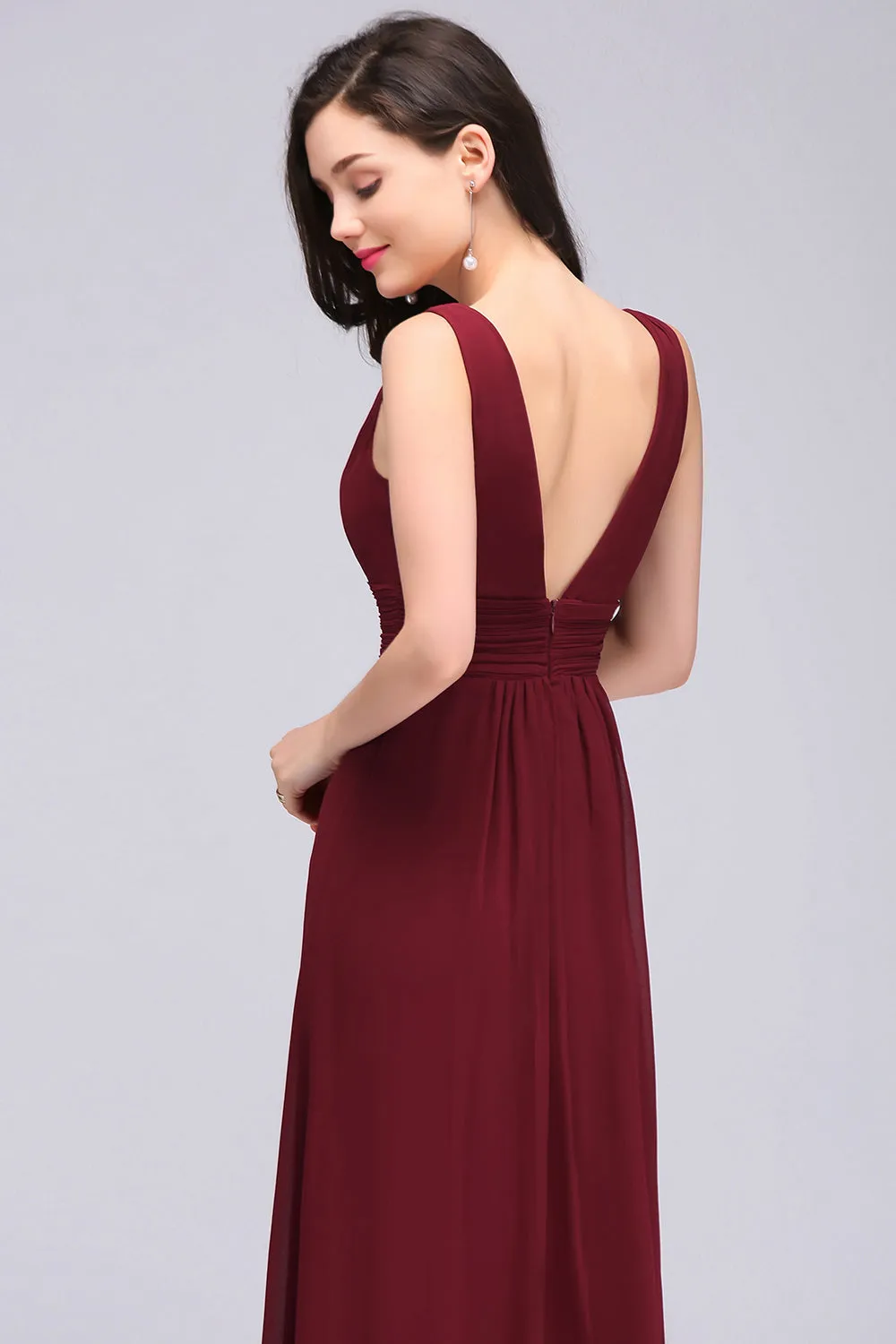 Elegant Long A-Line Chiffon V-Neck Sleeveless Ruffles Bridesmaid Dresses