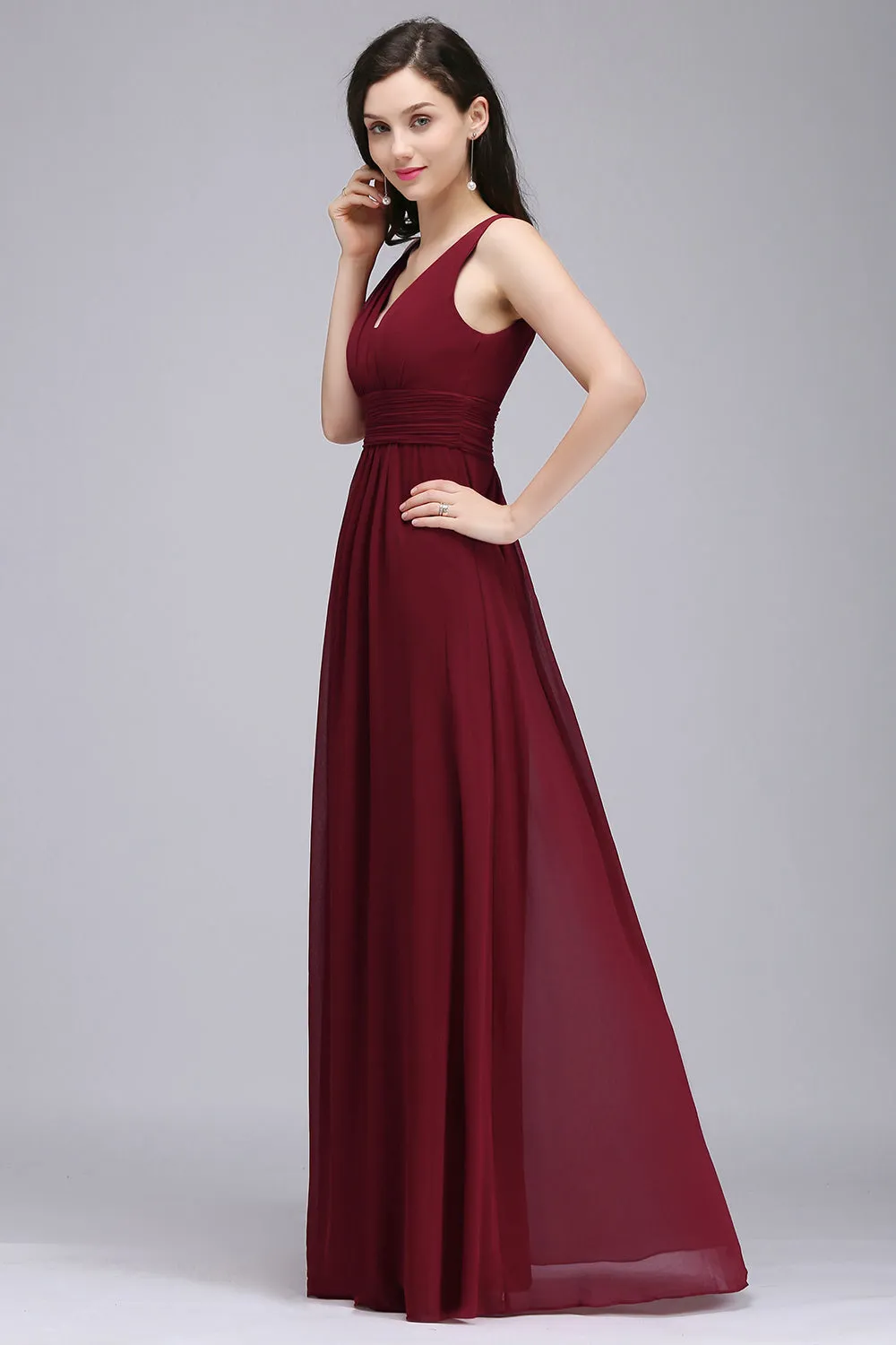 Elegant Long A-Line Chiffon V-Neck Sleeveless Ruffles Bridesmaid Dresses