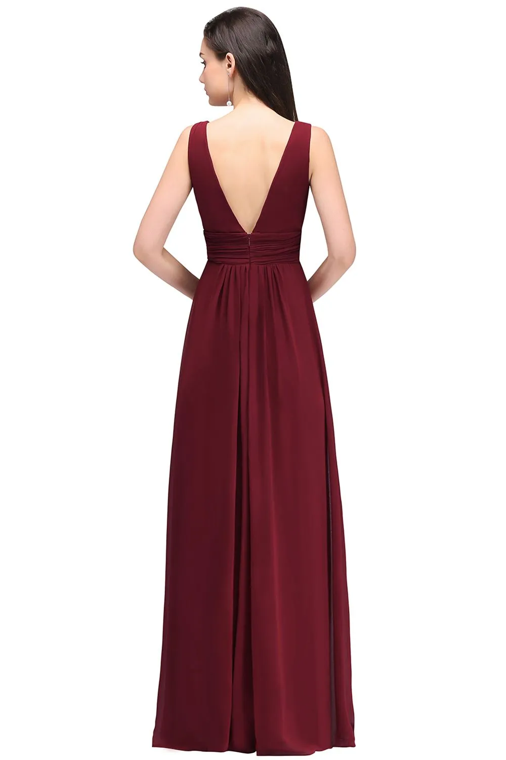 Elegant Long A-Line Chiffon V-Neck Sleeveless Ruffles Bridesmaid Dresses