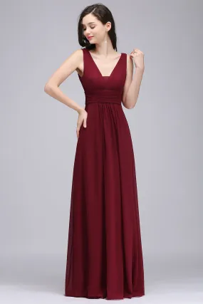 Elegant Long A-Line Chiffon V-Neck Sleeveless Ruffles Bridesmaid Dresses