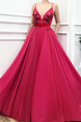 Elegant Long A-line V-neck Spaghetti Straps Tulle Prom Dress