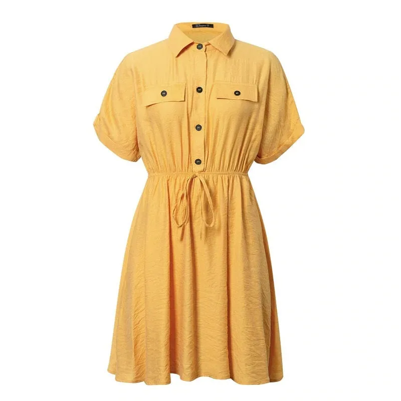 Elegant Office Solid Buttons Loose Sleeve Shirt Sundress Midi Dress
