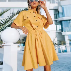 Elegant Office Solid Buttons Loose Sleeve Shirt Sundress Midi Dress